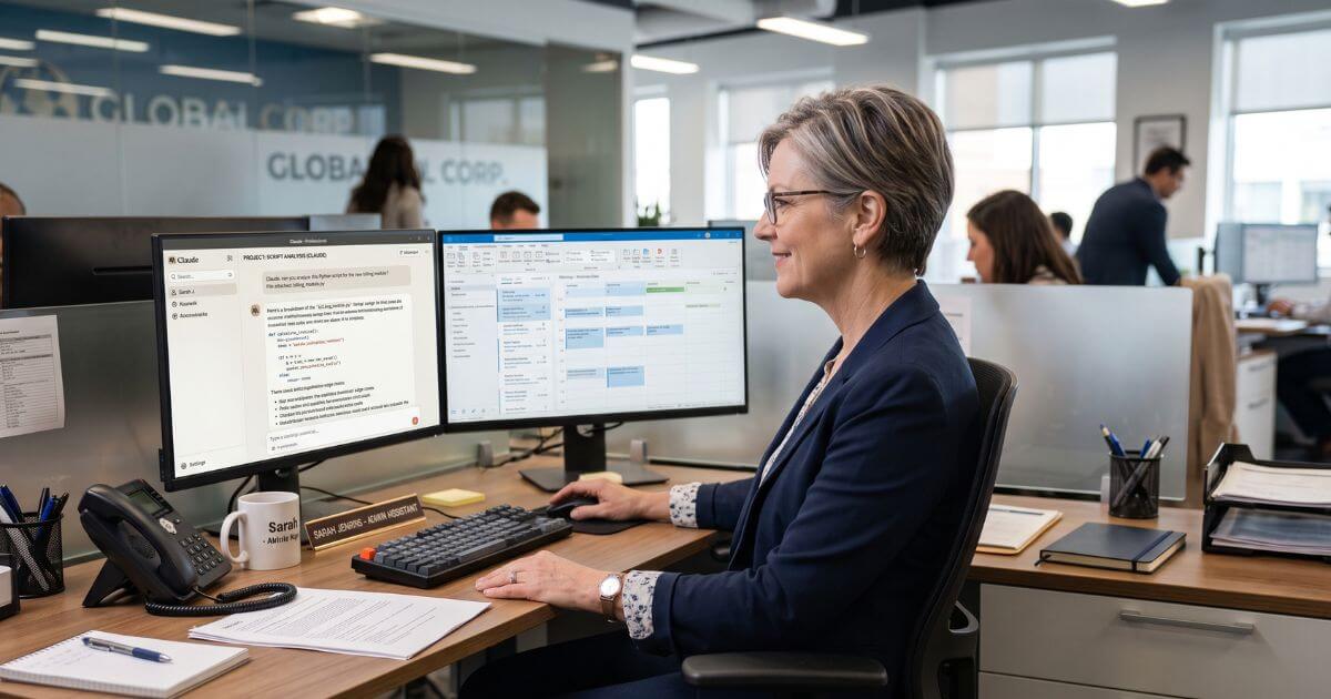 BNY Admin Hiring and AI cover Administrative assistant using AI software alongside traditional office tools at her desk.