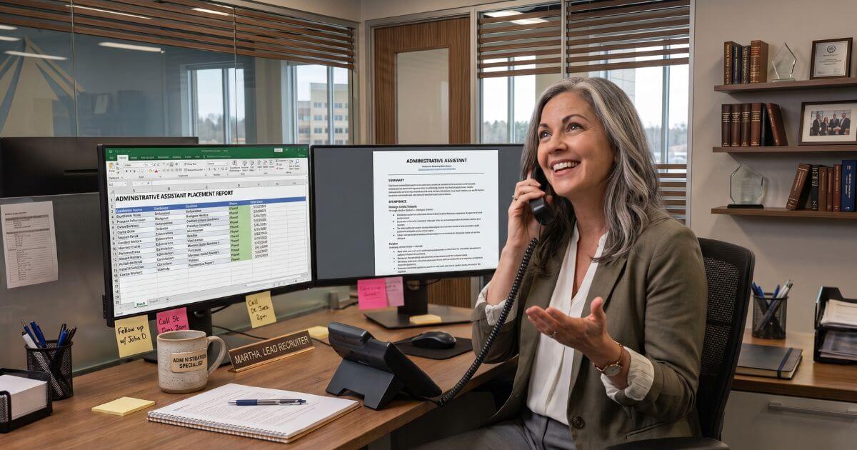 recruiter on a call with a local employer, discussing an open administrative role